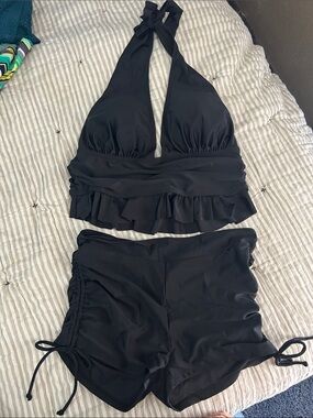 Black Halter Ruffled Tankini Set